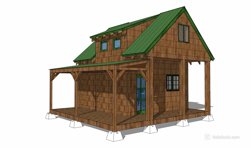Rustic Cabin Guesthouse With Green Roof Wooden Exterior Front Porch And Support Columns 3d model 