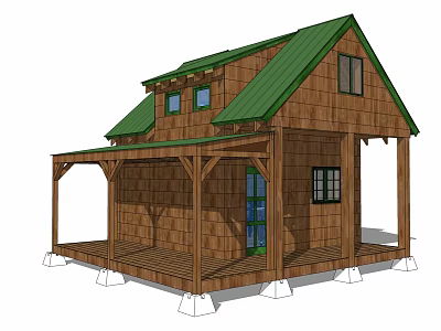 Rustic Cabin Guesthouse With Green Roof Wooden Exterior Front Porch And Support Columns 3d model