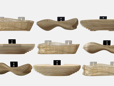 Modern Wooden Reception Desk With Wavy And Striped Design And Black Device 3d model