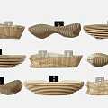 Modern Wooden Reception Desk With Wavy And Striped Design And Black Device