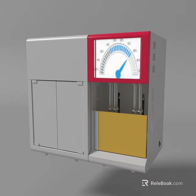 Industrial Device With Red Frame Display Gauge Blue Pointer Yellow Compartment And Cabinet Doors 3d model 