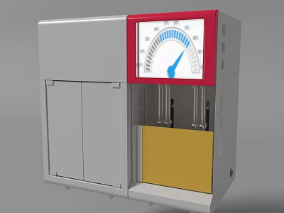 Industrial Device With Red Frame Display Gauge Blue Pointer Yellow Compartment And Cabinet Doors 3d model