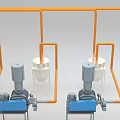 Industrial Processing Equipment With Blue Main Unit Orange Pipes And White Conical Tanks
