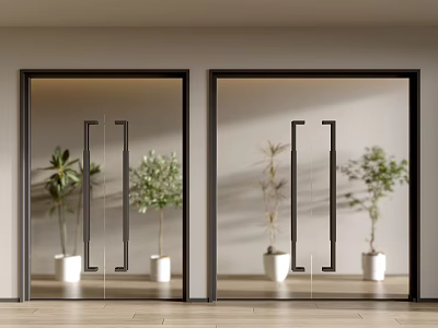 Modern Glass Doors Interior With Black Frames Handles Green Plants And Wooden Floor 3d model