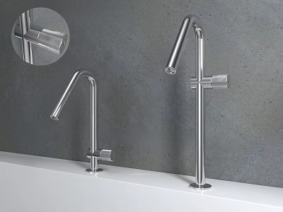 Sleek Modern Stainless Steel Faucets With Different Heights On White Countertop Grey Wall 3d model