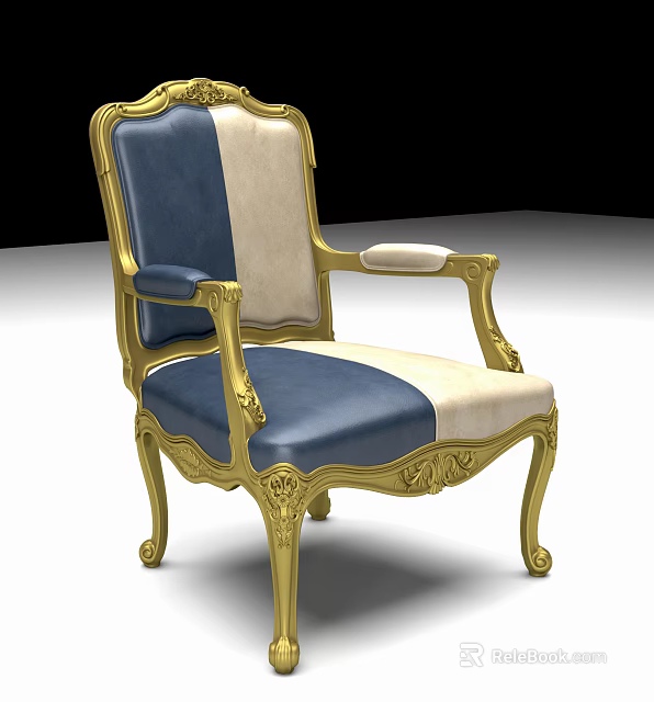 European Style Single Sofa With Golden Carved Frame And Blue White Leather Upholstery 3d model 