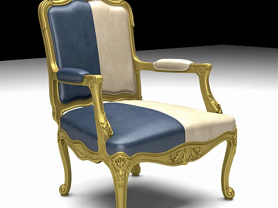 European Style Single Sofa With Golden Carved Frame And Blue White Leather Upholstery 3d model