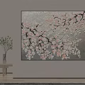 Cherry Blossom Oil Painting with Pink Flowers Black Branches Gray Background and Vase on Table