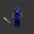 Man In Blue Cricket Uniform With Slice Logo Holding CWC Bat Standing