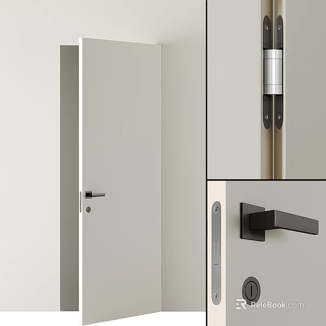 Modern Minimalist Interior Swing Door With Light Gray Finish Black Handle And Silver Hinges 3d model 
