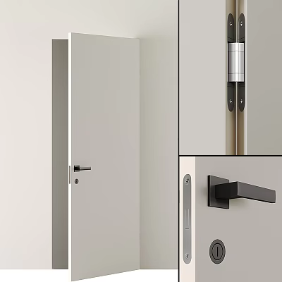 Modern Minimalist Interior Swing Door With Light Gray Finish Black Handle And Silver Hinges 3d model