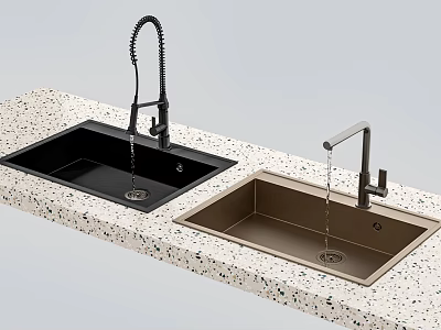 Flexible Black And Silver Faucets With Black Brown Sinks On Speckled Countertop Water Dripping 3d model