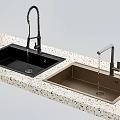 Flexible Black And Silver Faucets With Black Brown Sinks On Speckled Countertop Water Dripping