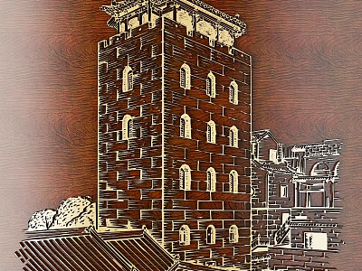 Intricate Wooden Carving of Historic Tower with Architectural Details on Wood Grain Surface 3d model