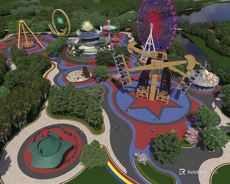 Fun Amusement Park With Ferris Wheel Roller Coaster Carousel Colorful Paths Green Trees And Lake 3d model 