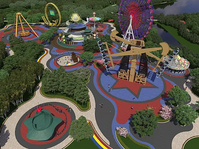 Fun Amusement Park With Ferris Wheel Roller Coaster Carousel Colorful Paths Green Trees And Lake 3d model