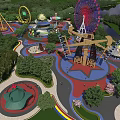 Fun Amusement Park With Ferris Wheel Roller Coaster Carousel Colorful Paths Green Trees And Lake