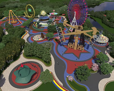 Fun Amusement Park With Ferris Wheel Roller Coaster Carousel Colorful Paths Green Trees And Lake 3d model