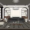 Elegant Living Room Interior With Black Leather Sofa White Armchair Checkered Rug And Herringbone Floor