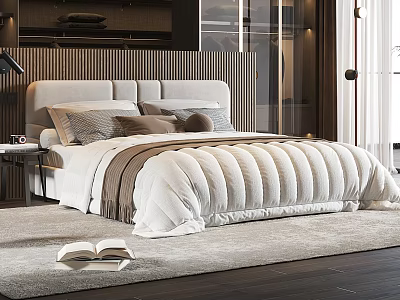 Double Bed In Modern Bedroom With Light Headboard Pillows Quilt Nightstand And Table Lamp 3d model