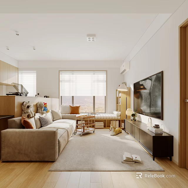 Bright Warm Minimalist Living And Dining Room With Large Windows And Cozy Soft Furnishings 3d model 