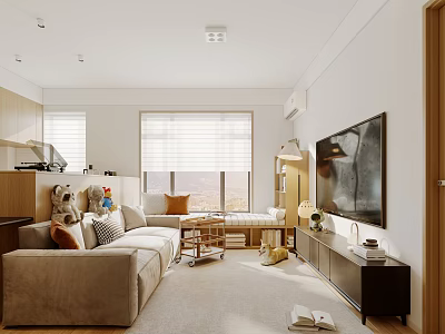 Bright Warm Minimalist Living And Dining Room With Large Windows And Cozy Soft Furnishings 3d model
