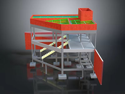 Scenic Landscape With Red Rock Structures Green Vegetation Staircase Paths And Platforms 3d model