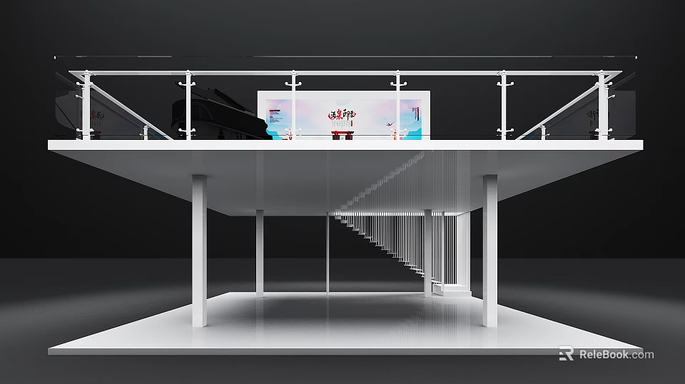 Modern Two Story Exhibition Space With Glass Railing Digital Screen And Staircase Under Column Platform 3d model 