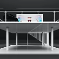 Modern Two Story Exhibition Space With Glass Railing Digital Screen And Staircase Under Column Platform