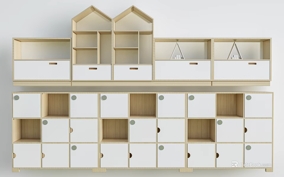 Modern Minimalist Bookcase Design With Open Shelves Closed Cabinets And Drawers 3d model 