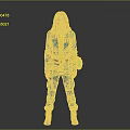 Woman In Blue Jumpsuit With 111 Logo Yellow Belt And Green Arm Device