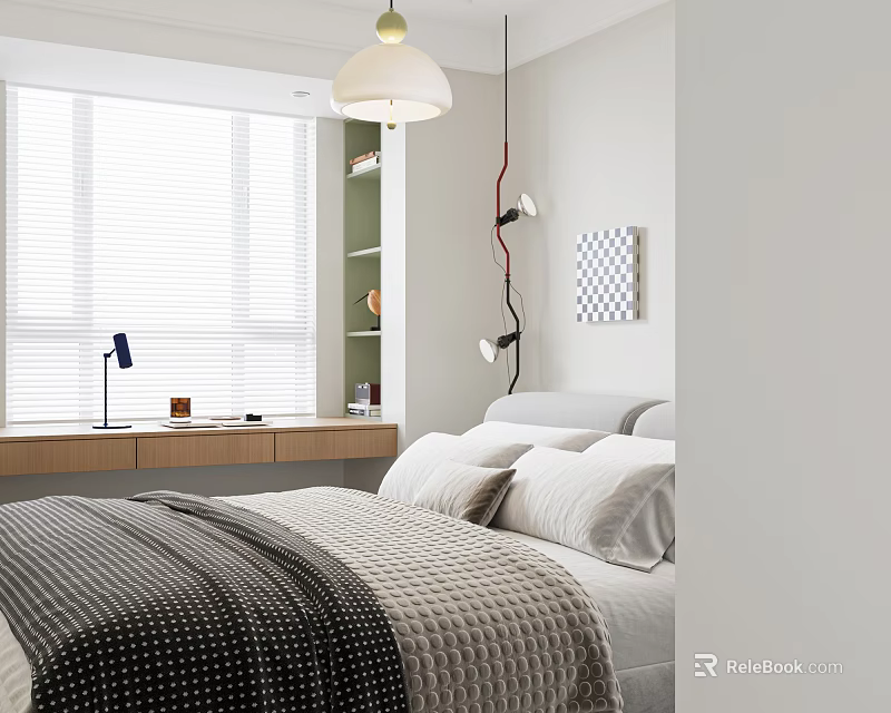 Modern Kids Room With Bed Bedding Bedside Table Lamp Window Blinds And Geometric Wall Art 3d model 