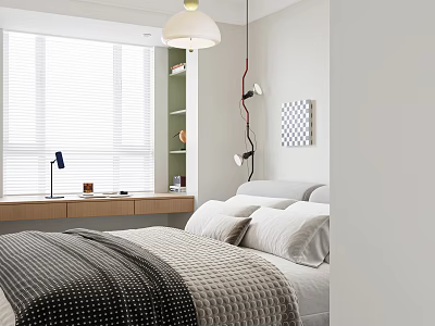 Modern Kids Room With Bed Bedding Bedside Table Lamp Window Blinds And Geometric Wall Art 3d model