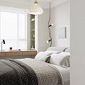 Modern Kids Room With Bed Bedding Bedside Table Lamp Window Blinds And Geometric Wall Art