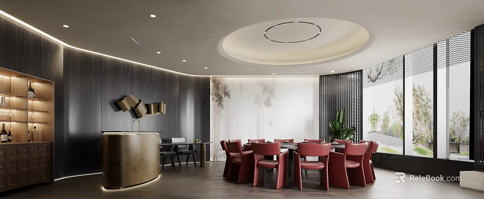 Modern Private Room Interior With Round Dining Table Red Chairs Green Plant And Decorative Wall 3d model 