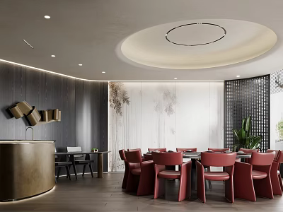Modern Private Room Interior With Round Dining Table Red Chairs Green Plant And Decorative Wall 3d model