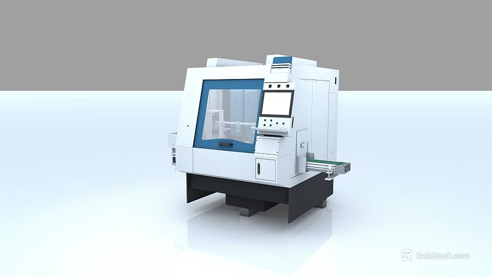 Modern Industrial Equipment With White Body Blue Glass Window Control Panel And Conveyor Belt 3d model 
