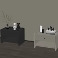 Dark and Light Gray Bedside Tables With Decorative Items Books and Vases 3d model
