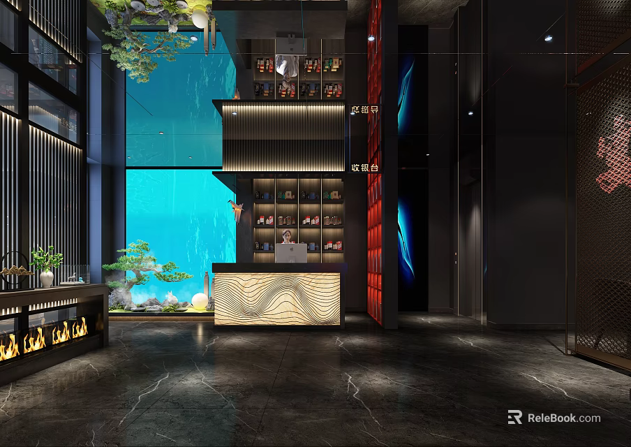 Modern Bar With Open Counter Green Plants Blue Wall Black Marble Floor And Wine Rack 3d model 