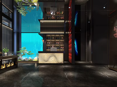 Modern Bar With Open Counter Green Plants Blue Wall Black Marble Floor And Wine Rack 3d model