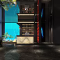 Modern Bar With Open Counter Green Plants Blue Wall Black Marble Floor And Wine Rack