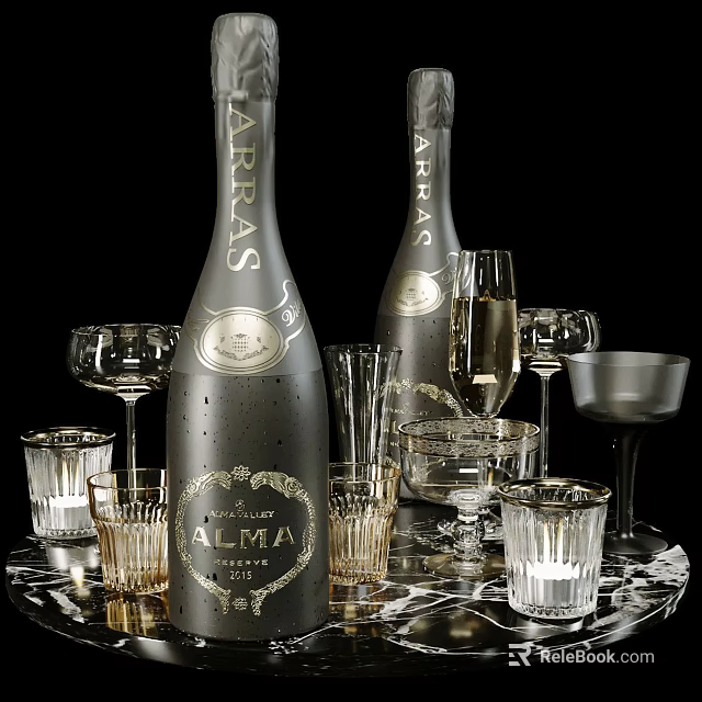 Elegant Wine Bottles And Glasses Arrangement With Various Glass Designs And Marble Surface 3d model 