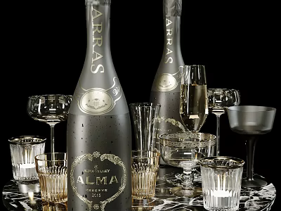 Elegant Wine Bottles And Glasses Arrangement With Various Glass Designs And Marble Surface 3d model