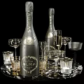 Elegant Wine Bottles And Glasses Arrangement With Various Glass Designs And Marble Surface