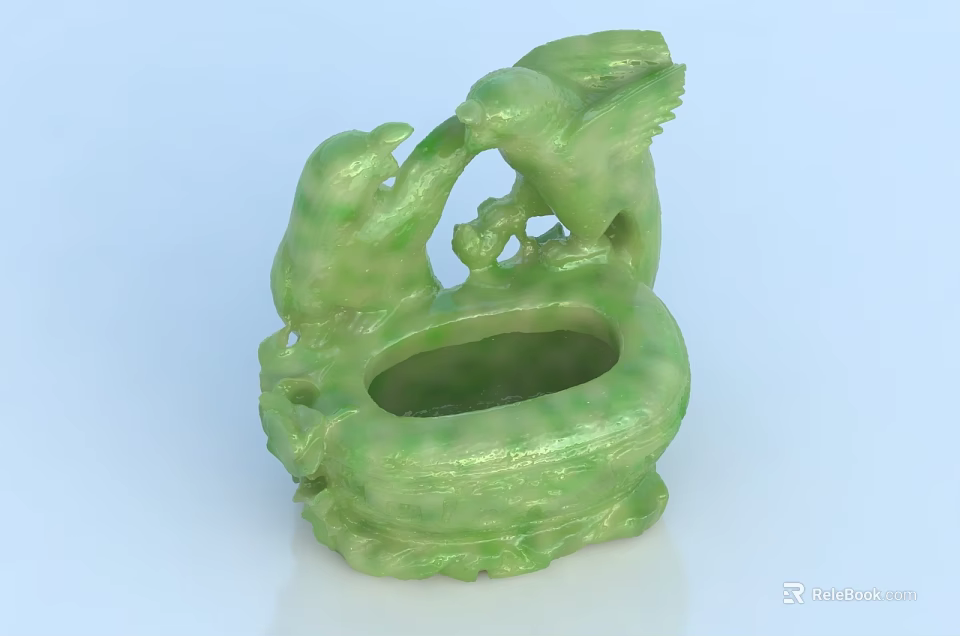 Intricate Green Jade Carved Sculpture With Birds And Decorative Vessel Design 3d model 