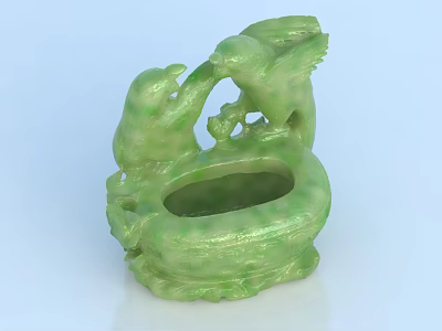 Intricate Green Jade Carved Sculpture With Birds And Decorative Vessel Design 3d model