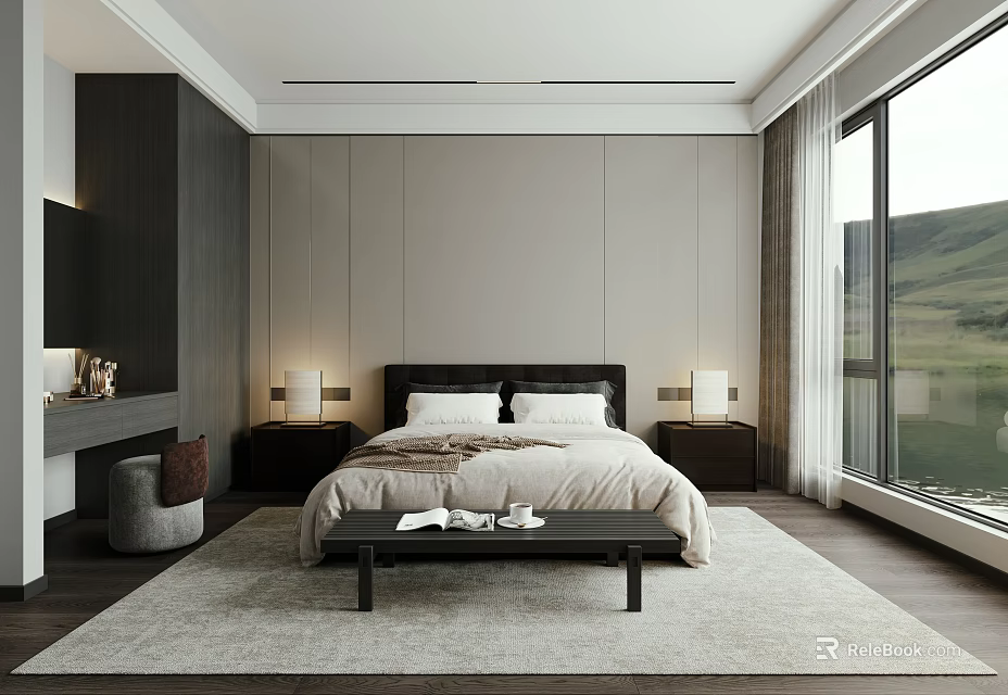 Modern Bedroom Interior With Bed Nightstands Carpet Large Window And Mountain View 3d model 