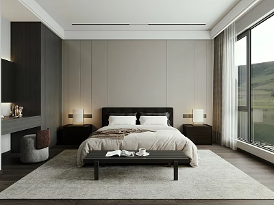 Modern Bedroom Interior With Bed Nightstands Carpet Large Window And Mountain View 3d model