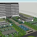 Modern Industrial Park Featuring High Rise Building Lush Greenery Central Fountain And Pedestrian Walkway