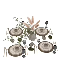 Elegant Decorative Ornament Set With Ceramic Plates Vase Green Leaves And Dried Pampas Grass